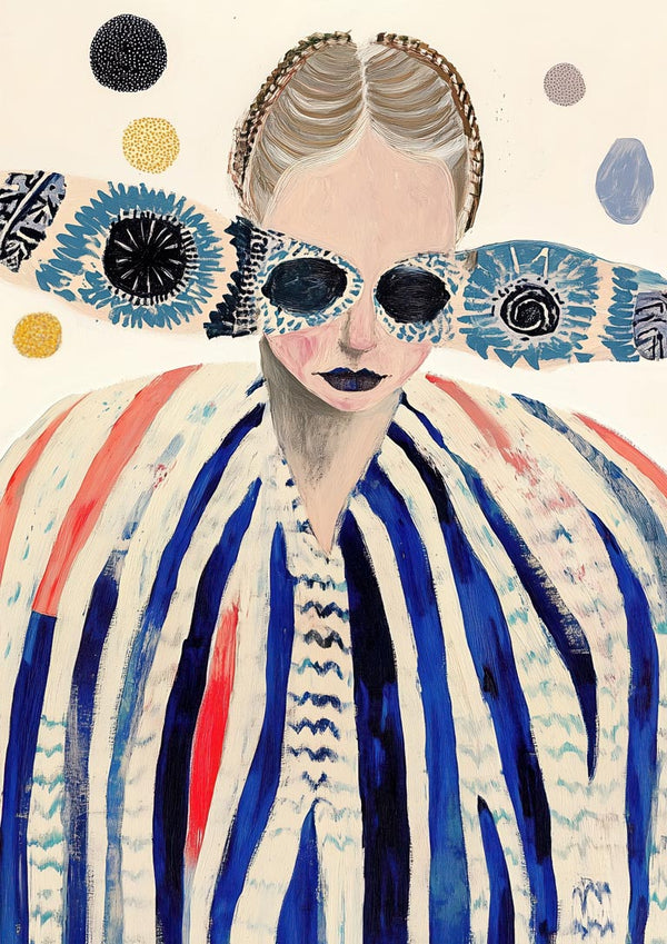 Abstract portrait of a woman in bold striped clothing and patterned glasses, cover art for Deep Breath by Martin Zen.
