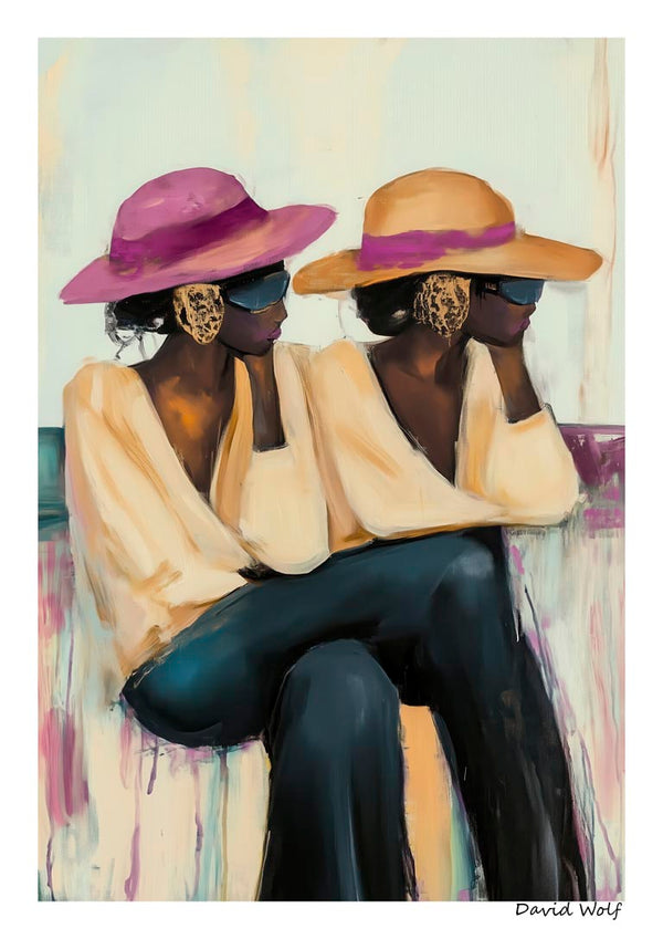 Painting of two women in hats and sunglasses sitting side by side, from Break by David Wolf.
