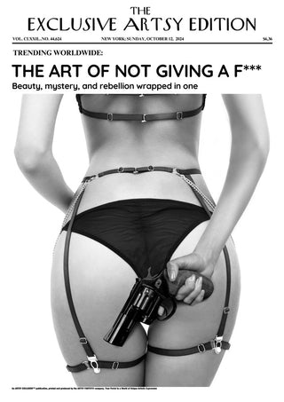 Black-and-white image of a woman in harness lingerie holding a gun, promoting Not Giving a Fuck Hot Edition.