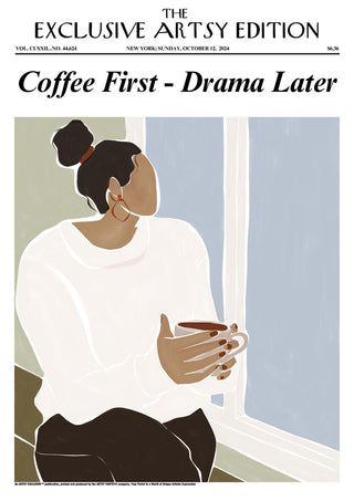Minimalist illustration of a woman holding a coffee mug, with "Coffee First - Drama Later White Edition" headline.