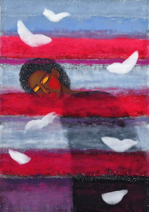 Painting of a serene figure with closed eyes among white birds and red, purple, and blue horizontal bands.