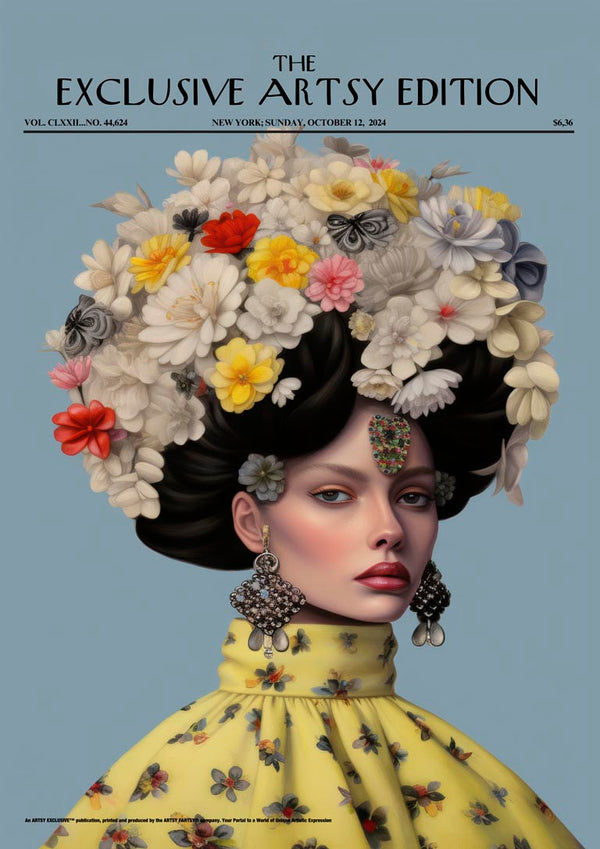 Woman with large floral headpiece and ornate earrings, showcasing the Flowerpot Artsy Edition on product page.