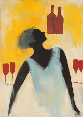 Abstract figure in white dress with wine bottles and glasses, on Wine Time Prime Time - Martin Zen product page.
