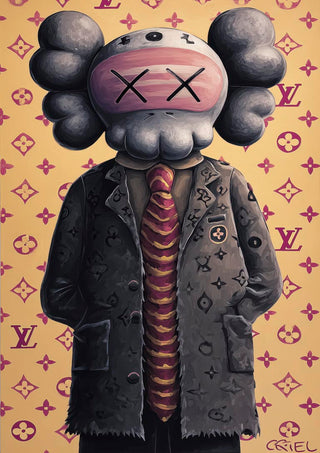 Old School Kaws figure in a suit with a striped tie, set against a luxury brand patterned background.
