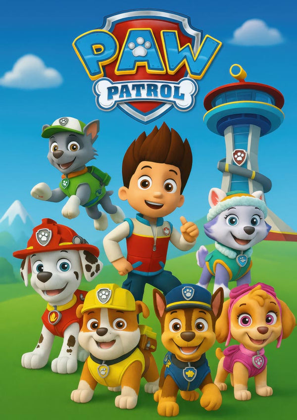 Colorful Paw Patrol children’s poster featuring main characters and lookout tower on a bright outdoor background.
