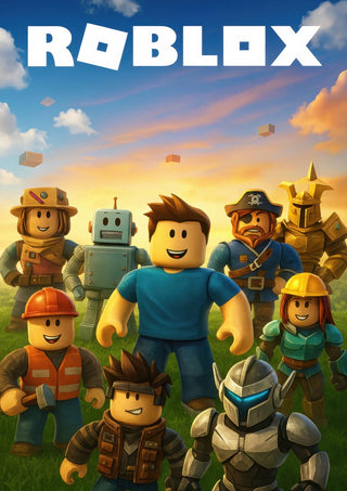 Colorful Roblox characters standing together on grass with "ROBLOX" logo, featured on a children's poster.