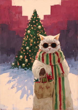 White cat in sunglasses and striped scarf holds a shopping bag with gifts in front of a decorated Christmas tree.