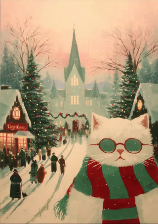 White cat in scarf and glasses stands in festive snowy town with people, Christmas trees, and lights.