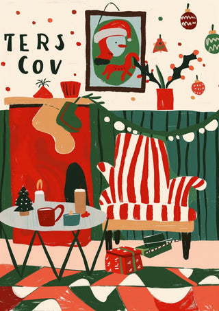 Festive living room with striped chair, stockings, gifts, and Christmas decorations for a cozy holiday home.