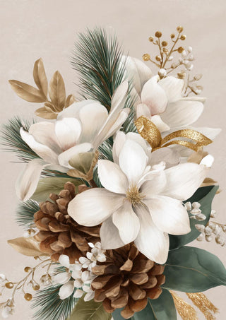 Christmas flower decoration with white magnolia, pinecones, gold accents, and green pine branches.