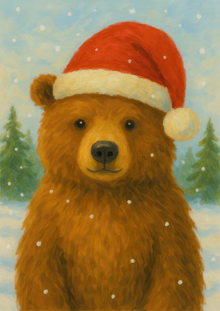 A brown bear wearing a red Santa hat stands in a snowy landscape with pine trees and falling snow.