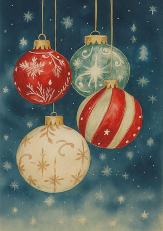 Four festive Christmas ornaments with red, white, and green designs hanging against a starry night background.