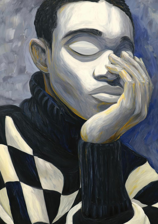 Painting of a person with closed eyes and hand on face, wearing a black-and-white checkered sweater.