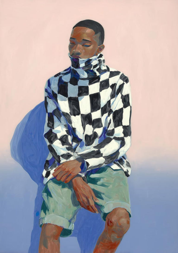 A man in a checkered turtleneck and shorts sits calmly against a pastel background for Grounded - Martin Zen.