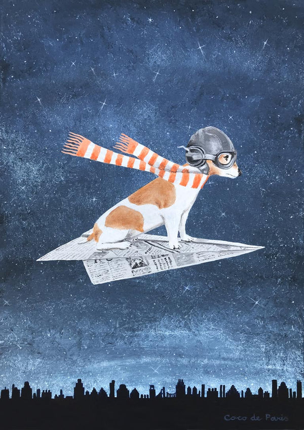 Jack Russell wearing goggles and scarf, flying on a paper plane over a cityscape under a starry night sky.