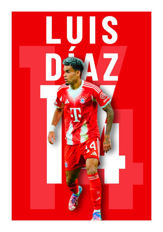 Luis Díaz in Bayern Munich kit with number 14, featured on a bold red football poster.