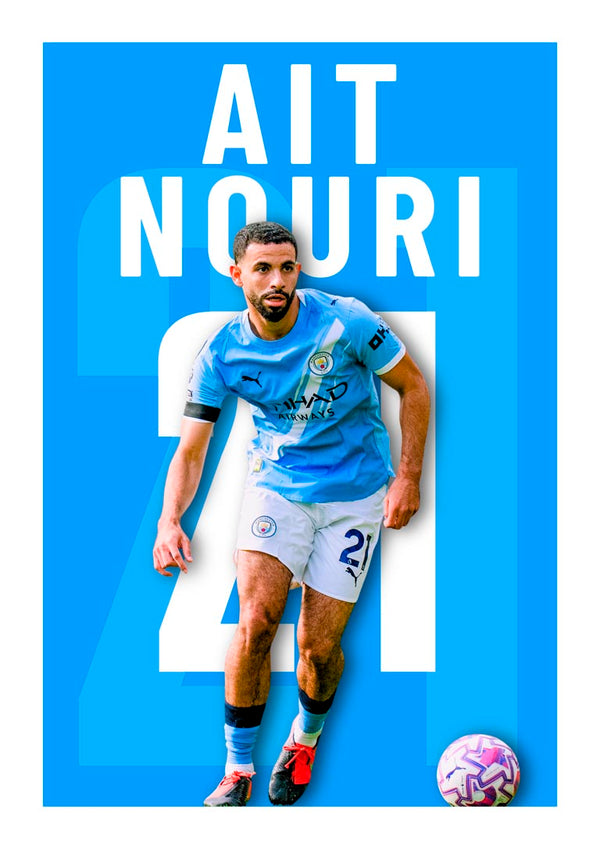 Ait-Nouri in Manchester City kit with number 21, featured on a football poster with blue background.