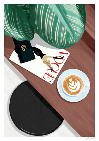 Illustration of a coffee cup, Vogue magazine, and plant on a table, representing self care by ByKammille.