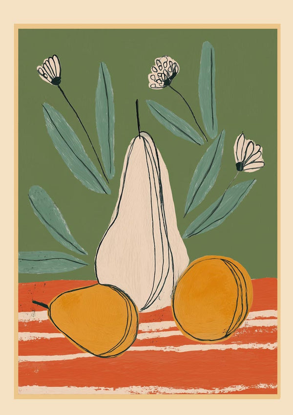 Abstract illustration of pears and flowers on a striped surface with green background, by Branka Kodžoman.