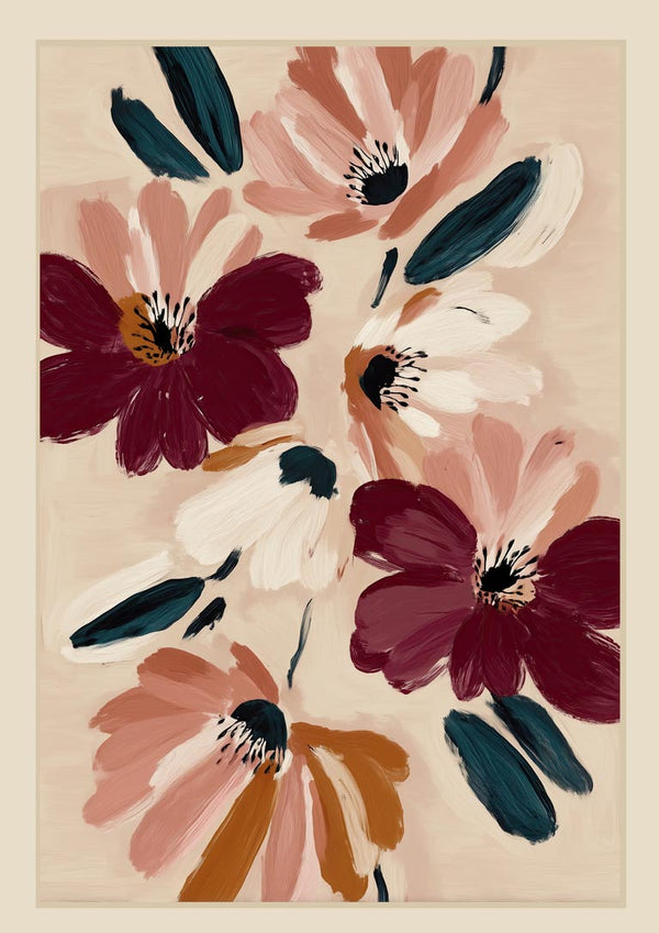 Abstract floral artwork with blush, wine, and beige blossoms by Branka Kodžoman displayed on a neutral background.