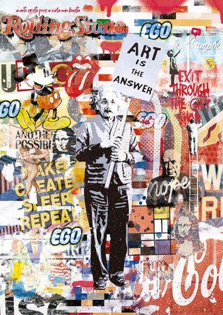 Collage artwork featuring pop culture icons and a central figure holding a sign that says "Art is the Answer".