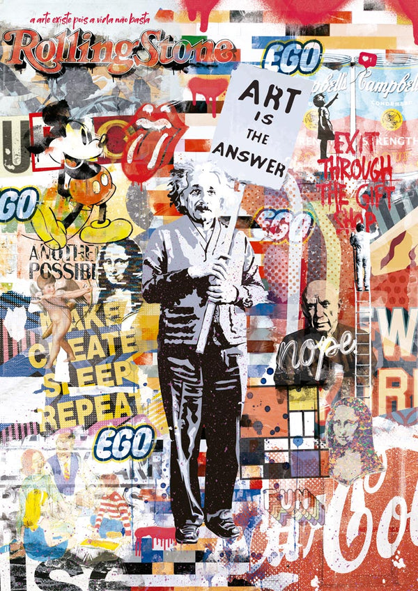 Collage artwork featuring pop culture icons and a central figure holding a sign that says "Art is the Answer".
