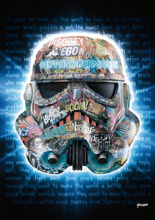 Stormtrooper helmet covered in colorful graffiti art, central text reads “DON’T ASK PERMISSION.”