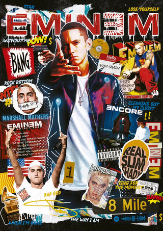 Collage-style Eminem poster featuring album covers, song titles, and various photos of Eminem for Ricardo Noble product.