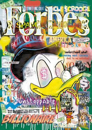 Colorful Forbes 2 - Ricardo Noble cover artwork featuring Scrooge McDuck, money symbols, and street art elements.