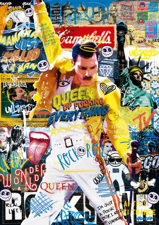 Colorful collage art of Freddy Mercury surrounded by graffiti, music icons, and bold text elements.