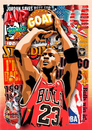 Illustration of Michael Jordan wearing Bulls #23 jersey, shooting a basketball, with colorful retro graphics in the background.