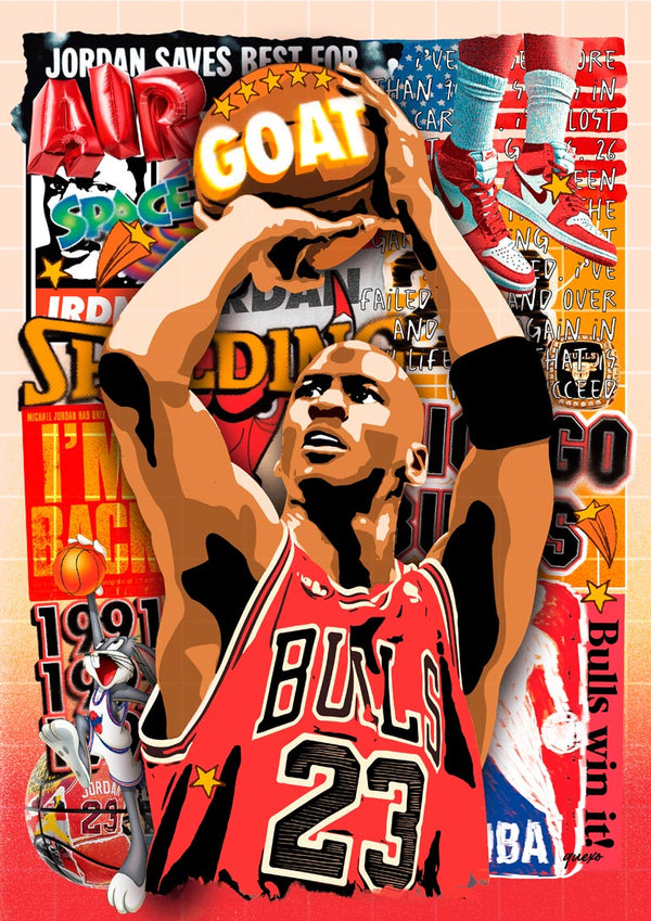 Illustration of Michael Jordan wearing Bulls #23 jersey, shooting a basketball, with colorful retro graphics in the background.