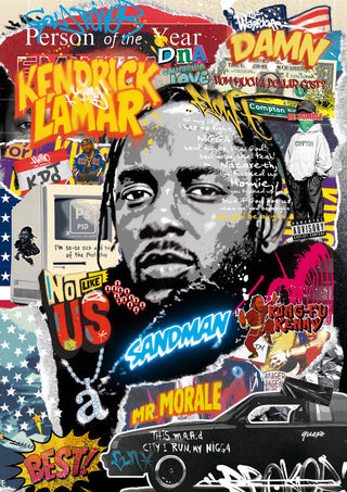 Collage featuring Kendrick Lamar’s portrait, album titles, and graffiti-style text for Ricardo Noble's product page.