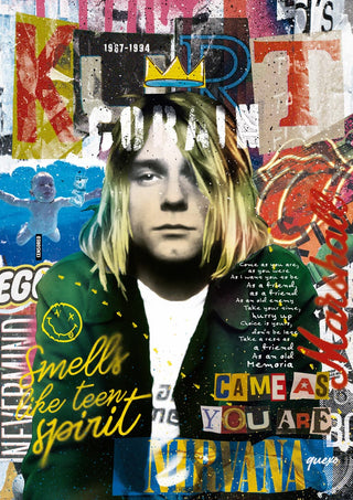 Artistic collage of Kurt Cobain with graffiti-style text, Nirvana references, and colorful design elements.