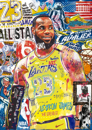 Colorful collage artwork of LeBron James in a Lakers jersey, featuring sports-themed graphics and text.