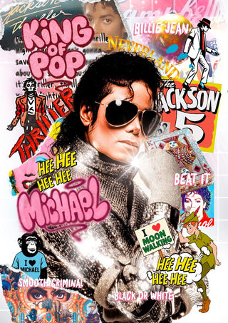 Collage of Michael Jackson with iconic images, album covers, and pop art references on a vibrant product page.