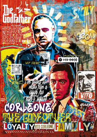 Colorful collage poster for Poderoso by Ricardo Noble, featuring The Godfather and Corleone family motifs.