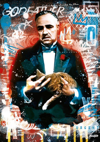 Colorful artistic portrait of a man in a tuxedo holding a cat, featured on the Godfather Vol. 2 - Ricardo Noble page.
