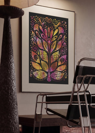 Turi Flower Vibe by Enikő Marosváry-Kramcsák in a mounted frame in a modern interior