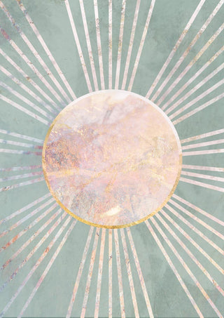 Sage green boho sun rays art print featuring a radiant pastel sunburst on a textured background.