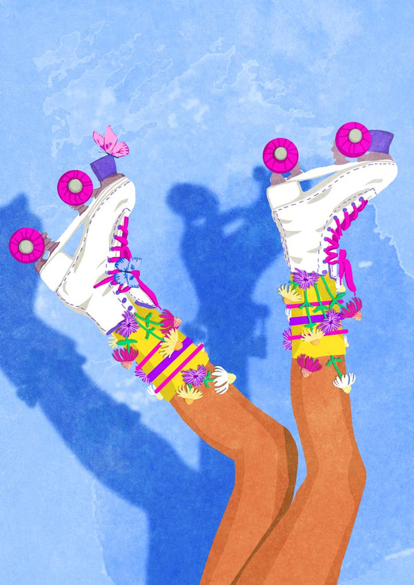 Illustration of legs wearing white roller skates with colorful laces and leg warmers against a blue background.