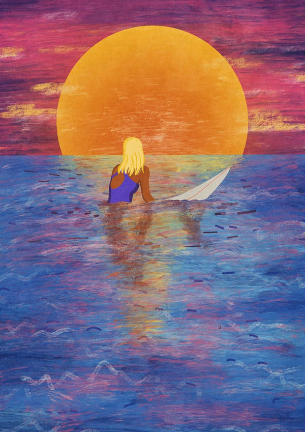 Surfer Girl by Raissa Oltmanns: Blonde woman with surfboard in vibrant ocean at sunset, facing large orange sun.