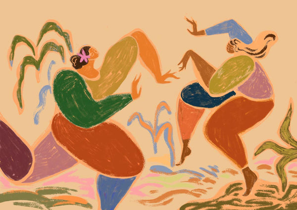 Two women in colorful clothing dance joyfully amid abstract plants, artwork by Arty Guava titled "Sisters of the Rhythm".