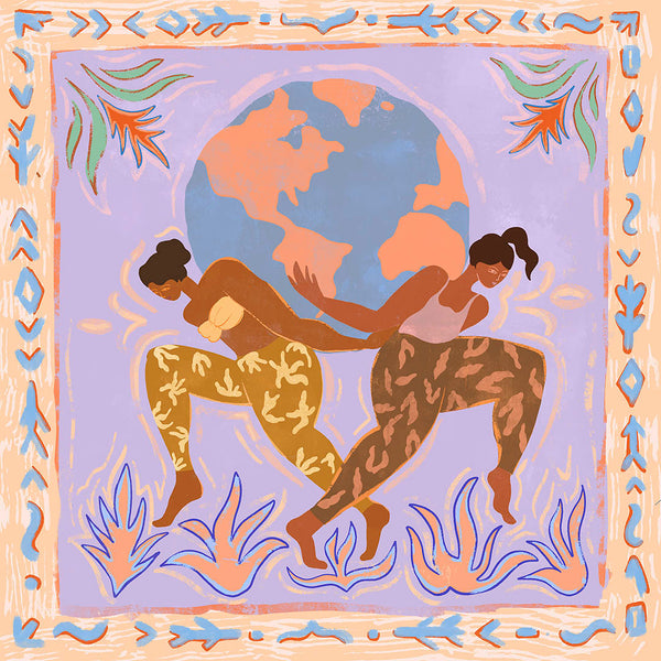 Two women support a large globe together, surrounded by abstract patterns and earthy plants on a pastel background.