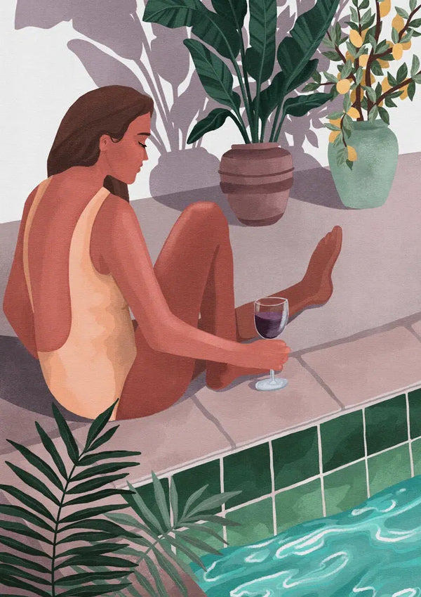 Illustration of a woman in a swimsuit by a poolside, holding wine, with lush plants nearby.