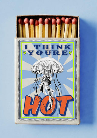 You're Hot by Daniel Leo — vintage matchbox poster with a hand-drawn jellyfish on a blue starburst
