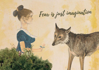 Landscape watercolour poster of a woman in a teal dress offering a rose to a grey wolf on a yellow background.