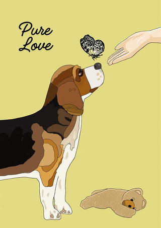Flat illustration of a beagle reaching towards a human hand with a butterfly on its nose, on an olive green background.