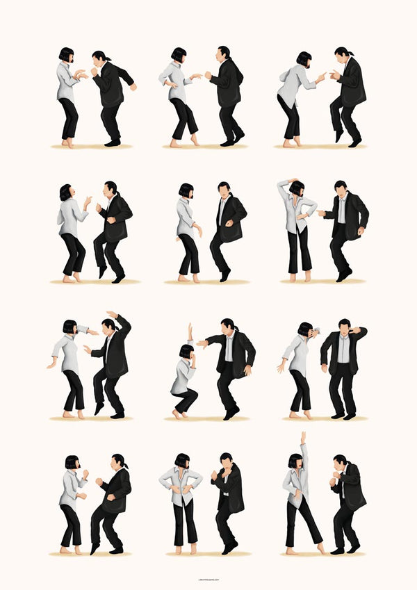 Illustration of iconic Pulp Fiction dance scene in 16 steps by Nour Tohme, two characters dancing.
