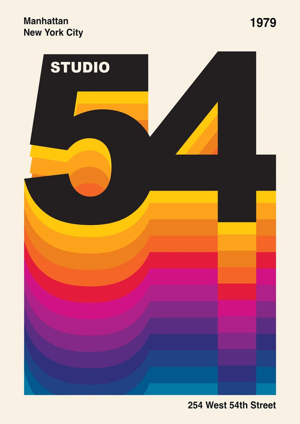Studio 54 Retro poster with bold "54" and vibrant rainbow gradient, Manhattan, New York City, 1979.